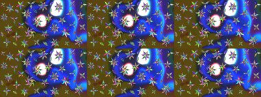 Raster illüstrasyonu. Mavi ve yeşil renklerde. Çiçek buketleriyle klasik tarzda eskiz deseni.