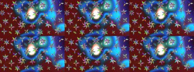 Raster deseni. Bahar çiçekleri dallı desen, mavi ve kırmızı renkler çiçekli siluet.