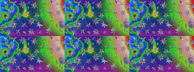 Yeşil ve mavi arka planda. Çocuksu tasarım. Elle çizilmiş çiçek desenli Raster çizimi. Tekstil, kumaş, ambalaj, hatıra defteri için güzel çiçek arkaplanı..