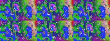 Renkli grunge, soyut arkaplanı kolomavi ve yeşil çiçeklerle süslüyor. Parmak izi, kumaş, duvar kâğıdı, tekstil için raster dokusu. Nakış desenli çiçek deseni..