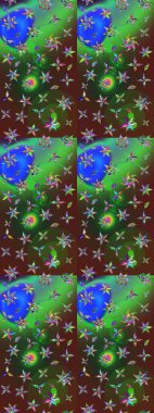 Çiçekli karalama şeklinde Raster çiçek deseni. Raster illüstrasyonu. Yeşil ve kahverengi renklerde bahar çiçekleri..