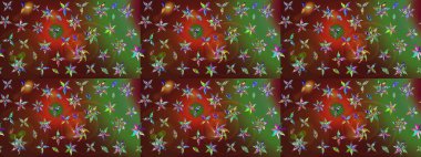 Çiçek desenli çizim. Kahverengi ve yeşil renkli Asya tekstili. Raster illüstrasyonu.