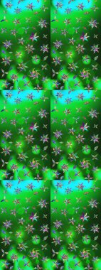 Küçük çiçekte hoş bir çiçek deseni var. Parlak çiçekli yeşil ve mavi renkler üzerine soyut çizim deseni. Çiçek elementli zarif raster dokusu..