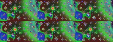 Parmak izi, kumaş, duvar kâğıdı, tekstil için raster dokusu. Renkli grunge, koyu yeşil ve mavi çiçeklerle soyut bir arka plan oluşturur. Nakış desenli çiçek deseni..