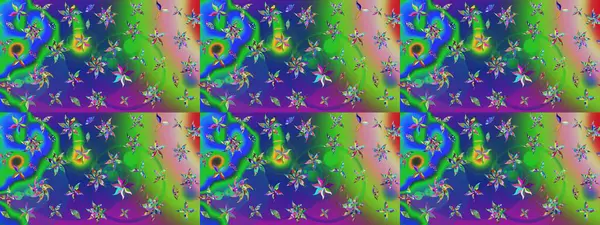 Yeşil ve mavi arka planda. Çocuksu tasarım. Elle çizilmiş çiçek desenli Raster çizimi. Tekstil, kumaş, ambalaj, hatıra defteri için güzel çiçek arkaplanı..