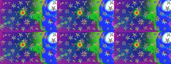 Renkli Bahar Teması eskiz kalıbı. Düz Çiçek Elementleri Tasarımı. Raster illüstrasyonundaki çiçek desenli çizim. Mavi ve mor renkte çiçekler.