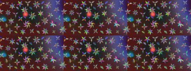 Raster illüstrasyonundaki çiçek desenli çizim. Düz Çiçek Elementleri Tasarımı. Mor ve kahverengi renkte çiçekler. Renkli Yaz Teması çizim şablonu.