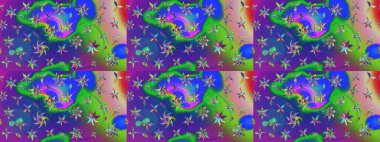 Raster çiçek desenleri çiziyor. Vadinin çiçekleri mavi ve yeşil renklerde.