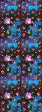 Tekstil için suluboya eskiz deseni. El çizimi çiçek çizimi deseni (fayans). Şirin çiçekli, desenli, mavi ve mor renkli çizim deseni.