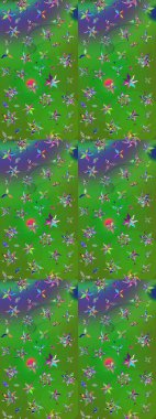 Düz Çiçek Elementleri Tasarımı. Asya tekstil tarzında. Renkli Bahar Teması eskiz kalıbı. Çiçek desenli çizim. Raster illüstrasyonu. Yeşil ve mor renkte çiçekler.