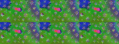 Yeşil ve mavi renkte çiçekler. Renkli Yaz Temalı eskiz kalıbı. Düz Çiçek Elementleri Tasarımı. Raster illüstrasyonunda çiçek deseni çizimi.