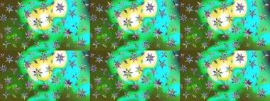 Kumaş desenli papatya çiçeği detayı. Yeşil ve mavi renkte çiçekler.