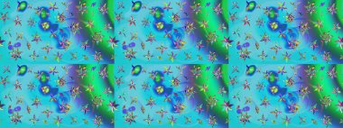 Parlak çiçekli kolaj çiçekleri mavi ve yeşil. Çiçekli zambakların eskiz geçmişi. Çiçek tasarımı için inanılmaz kolaj cennet tarzı..