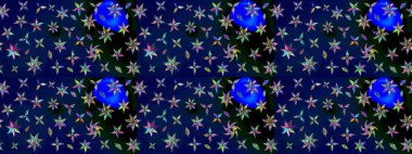 Çiçek mavisi ve siyah eskiz deseni. Raster çiçek izi. Klasik taslak çizimi. Raster Yumuşak kumaş deseni.