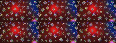 Çok kahverengi ve kırmızı zarif küçük çiçekler ve kahverengi ve kırmızı renkli komik böcekler, raster desen, illüstrasyon.