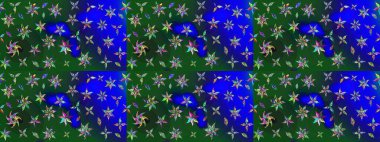 Üzerinde gelincikler ve vadi zambakları olan renkli çiçek desenli nakış deseni. Tekstil tasarımı için mavi ve yeşil renkli geleneksel halk çiçekleri..