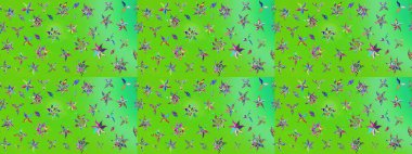 Çizim çiçek deseni duvar kâğıdı olarak kullanılabilir. Yeşil ve mavi renkte çiçekler. Raster illüstrasyonu.
