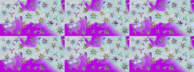 Patlayan çiçekler soyut olarak yerleştirilmiş. Raster deseni. Tarafsız ve mor renklerde bahar çiçekleri. Raster illüstrasyonu.