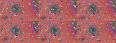 Elle çizilmiş çiçek desenli Raster çizimi. Tekstil, kumaş, ambalaj, hatıra defteri için hoş bir çiçek arkaplanı. Çocuksu tasarım. Pembe ve yeşil arkaplanda.