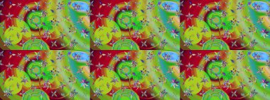 Raster düz çiçek çizim deseni. Hediye ambalaj kağıdı, tebrik kartları, posterler ve pankart tasarımı. Yeşil ve kırmızı renkte çiçekler.