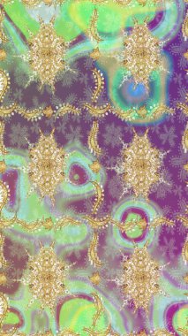 Damask arkaplanı. Altın çiçekli eskiz deseni. Tarafsız renklerde altın element. Barok tarzında altın çiçekli süs..