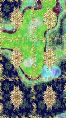 Altın şablonu çiz. Yeşil renkler ve altın elementler üzerine çizim. Raster doğulu süsü.