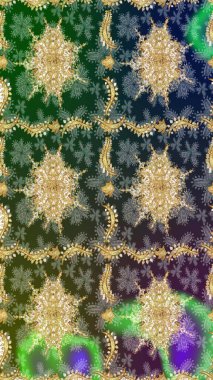 Altın çiçekli yeşil renklerde altın eskiz deseni. Raster geometrik arka plan. Senin tasarımın için, duvar kağıdı. Altın renkli çizim çizimi.