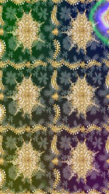 Süslü raster dekorasyonu. Lüks, kraliyet ve Viktorya dönemi konsepti. Yeşil yerine altın rengi barok çiçekli eskiz deseni. Yeşil renkte altın element.