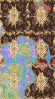 Kart, duvar kağıdı, ambalaj ve tekstil için klasik tasarım. Altın şablon. Kahverengi renkte Royal retro. Raster illüstrasyonu. Eskiz kalıbı altın elementler. Çiçeksel klasik doku.