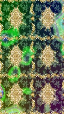 Kına dövmeli süs çiçekleri, altın çıkartmalar, mehndi ve yoga tasarımı, kartlar ve parmak izleri. Raster Golden Mehndi eskiz kalıbı. Yeşil renkte desen.