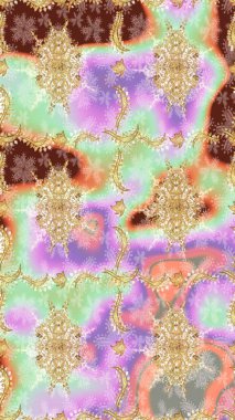 Tarafsız renklerde altın elementlerle çizim. Raster. Doğu tarzı arabesk. Parlak dantel, stilize çiçekler, şal desenli. Altın desenli bukleler çiz. Zarif altın deseni aç.