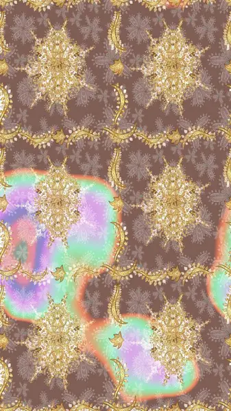 Raster sanatı. Bej renkli ve altın elementli çizim deseni. Altın desenli bukleler çiz. Doğu tarzı arabesk. Hassas altın deseni açın. Parlak dantel, stilize çiçekler, şal desenli