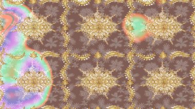 Altın elementlerle bej renklerde altın desen. Raster oryantal süs. Altın deseni çiz.