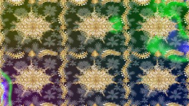 Dekoratif simetri arabesk. Ortaçağ çiçek desenini çiz. Doğum günü kartı, davetiye ya da afiş için iyidir. Yeşil renkte altın. Raster illüstrasyonu.