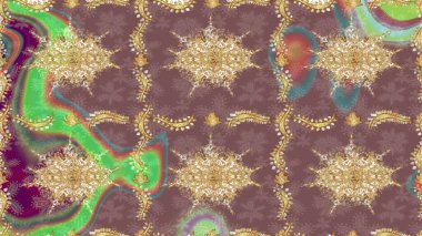 Mor renkli ve altın elementli eskiz deseni. Raster oryantal süs. Altın deseni çiz.