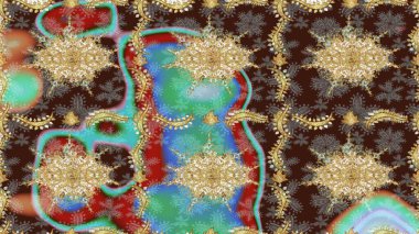 Klasik Raster altın desenini çiz. Klasik klasik klasik arka plan. Kahverengi renkli ve altın elementli eskiz deseni. Geleneksel oryantasyon süsü.