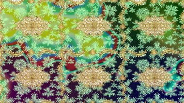 Altın karalama fantezi yapraklarından ve yeşil renkli çiçeklerden Raster soyut çiçek çelengi. El yapımı dekoratif çerçeve, albüm kapağı, tebrik kartı, klasik Art deco tarzı.