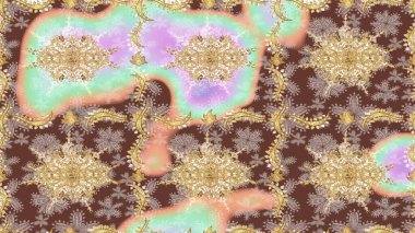 El yapımı dekoratif çerçeve, albüm kapağı, tebrik kartı, klasik Art deco tarzı. Altın karalama fantezi yapraklarından Raster soyut çiçek çelengi ve bej renkli bir çiçek.