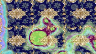 Raster geleneksel oryantasyon süsü. Klasik altın desenli çizim. Altın elementlerle mavi renklerde altın desen.