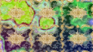 Davetiyeler, kartlar, web sayfası için Raster illüstrasyon. Doğu tarzı element. Altın desenli çiçek dekoru. Tasarım şablonu için çizgi çizimi sınırı. Yeşil renkte altın element.