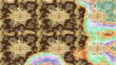 Kahverengi renkli ve altın elementli eskiz deseni. Parlak dantel, stilize çiçekler, şal desenli. Raster sanatı. Altın desenli bukleler çiz. Doğu tarzı arabesk. Zarif altın deseni aç