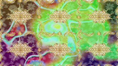 Yeşil renkli, altın elementli Raster eskiz deseni. Tasarım için Damask çizim deseni.