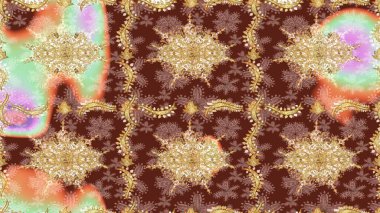 Raster altın desen. Doğulu stil, altın elementlerle kahverengi renklerde altın desenli arabesk yapar. Kıvrımlı çizimler.