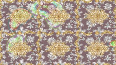 Altın elementlerle nötr renklerde altın desen. Eskiz desenli oryantal süs. İslam tasarımı. Çiçek kiremitleri. Raster altın tekstil baskısı.