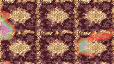 Antika altın tekrarlanabilir duvar kağıdı. Barok tarzında altın çiçekli süs. Damask çizimi tekrarlanıyor. Kahverengi renklerde altın element.