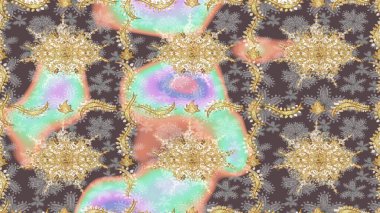 Barok tarzında altın çiçekli süs. Altın çiçekli eskiz deseni. Kahverengi renkte altın bir element. Damask arkaplanı.