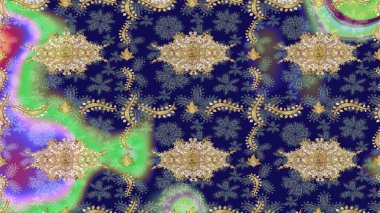 Altın elementlerle mavi renklerde altın desen. İslam tasarımı. Çiçek kiremitleri. Eskiz desenli oryantal süs. Raster altın tekstil baskısı.