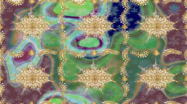 Raster eskiz deseni, altın antika ortaçağ dekoratifi, yapraklar ve yeşil renkli altın desenli süslemeler. Kraliyet lüksü, altın barok kumaş rengi..