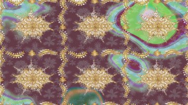 Doğum günü kartı, davetiye ya da afiş için iyidir. Ortaçağ çiçek desenini çiz. Dekoratif simetri arabesk. Raster illüstrasyonu. Kahverengi renklerde altın.