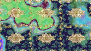 Tekrarlayan elementlerle soyut arkaplan oluşturun. Raster illüstrasyonu. Altın elementli yeşil renklerde altın eskiz deseni. Sketch damask klasik altın desen.